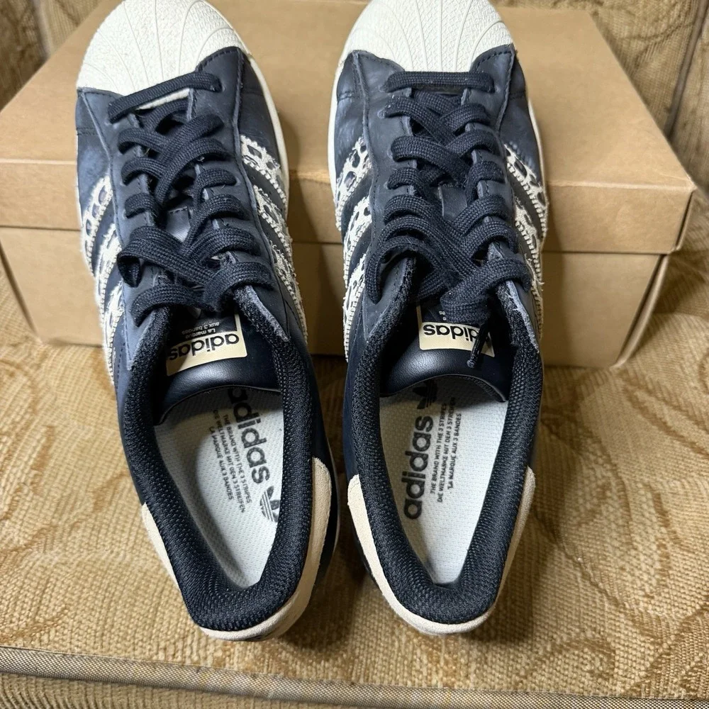 adidas Superstar Black/White Leopard Leather Sneakers IF7616 Women's Size 9